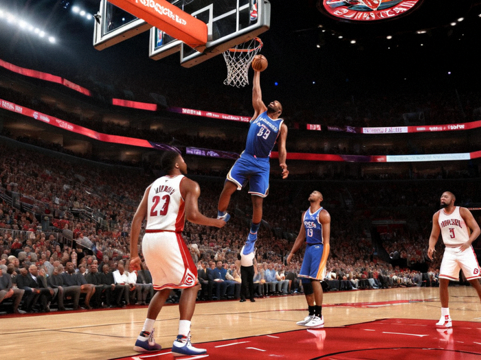 NBA 比赛中球员突破上篮,场边观众起立观看